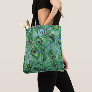 Abstract Peacock Feathers Pattern Monogram Tote Bag