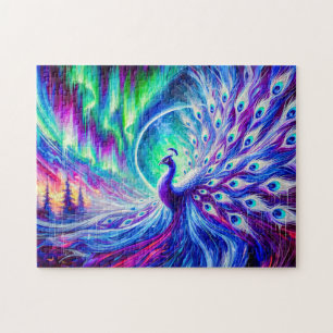 Abstract Peacock in Winter with Northern Lights Jigsaw Puzzle