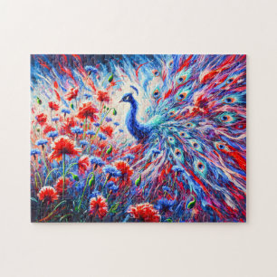 Abstract Peacock with Poppies and Cornflowers Jigsaw Puzzle