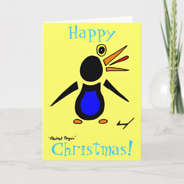 Abstract Penguin 'Happy Christmas!' Card - Yellow (Front)