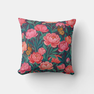 Abstract Peony Garden Butterflies Throw Pillow