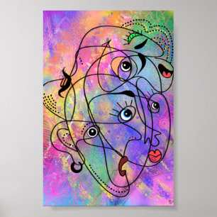 Abstract People Face Moods Poster Cubism Style