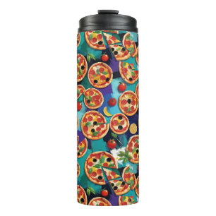 Abstract Pepperoni Pizza On Blue Colour Background Thermal Tumbler