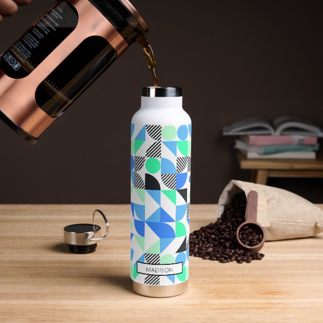 Abstract Personalized Blue Green Geometric Water Bottle (Coffee)