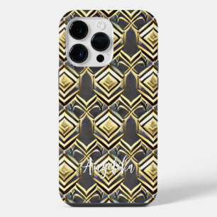 Abstract Personalized Chevron Black and Gold Name iPhone 14 Pro Max Case