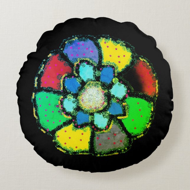 ABSTRACT PETAL FLOWER DESIGN BLACK BACKGROUND ROUND PILLOW (Front)