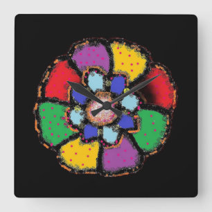ABSTRACT PETAL FLOWER DESIGN BLCK BACKGROUND SQUARE WALL CLOCK