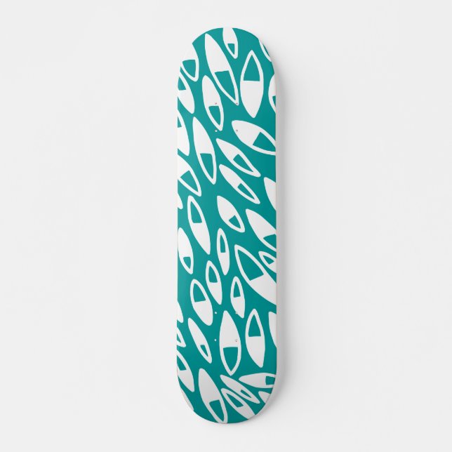 Abstract Petals - White on Aqua Skateboard (Front)