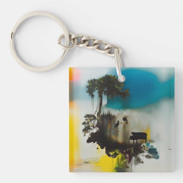 Abstract Piano Cat Tree Occult Dark Witchy AI Art Keychain (Front)