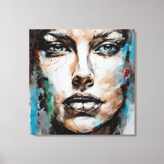 Abstract picture blue woman face, brown gray canvas print