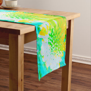 Abstract Pincushion Flower in Yellow and Green Long Table Runner
