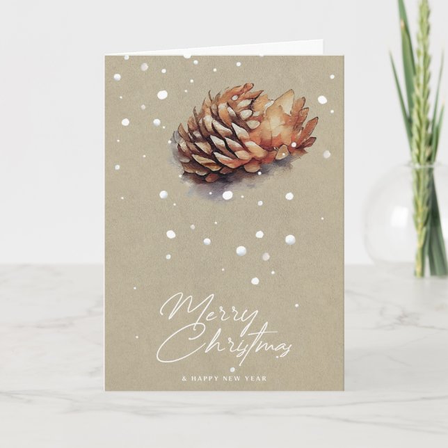 Abstract Pine Cone and Snow Kraft Christmas Card (Front)