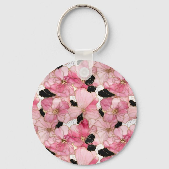 Abstract Pink And Black Alcohol Ink Art Keychain (Front)