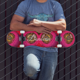Abstract pink and gold painting skateboard