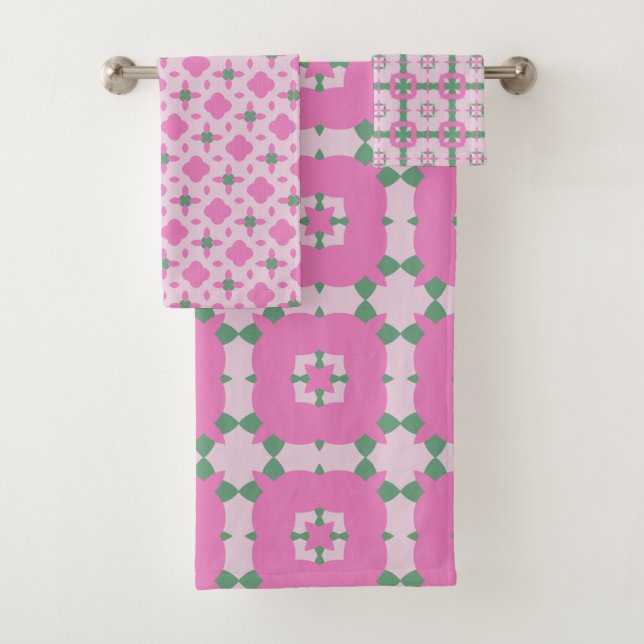 Abstract Pink and Green Pattern Bathroom Towel Set (Insitu)