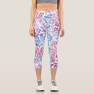 Abstract Pink and Purple Vintage Floral Pattern Capri Leggings