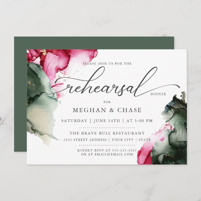 Abstract Pink and Sage Green Watercolor Invitation (Front/Back)