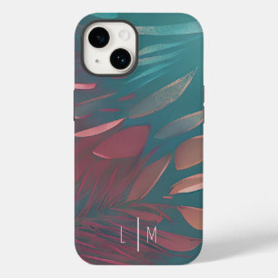 Abstract pink and teal feathers monogram Case-Mate iPhone 14 case