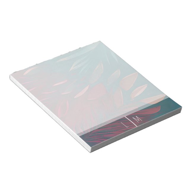 Abstract pink and teal feathers  monogram  notepad (Angled)