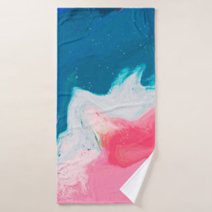 Abstract pink and turquoise paint background with bath towel