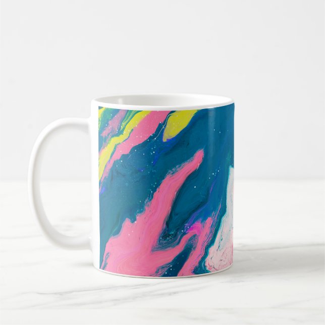 Abstract pink and turquoise paint background with  coffee mug (Left)