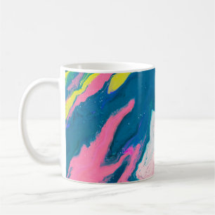 Abstract pink and turquoise paint background with coffee mug