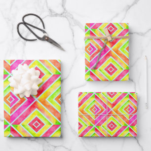 Abstract pink and yellow geometric square tiles wrapping paper sheet