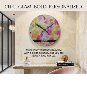 Abstract Pink Black and Yellow Round Clock