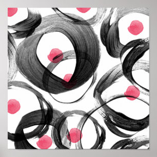 Abstract pink black watercolor circles dots poster