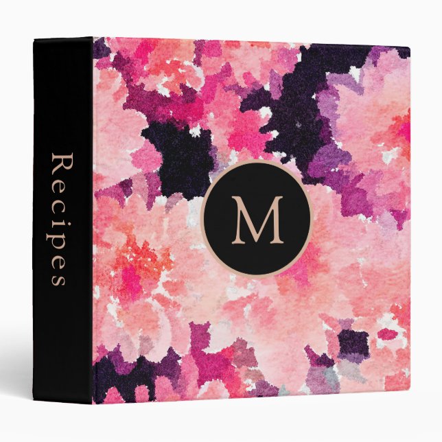 Abstract Pink Floral Chic Monogram Recipes Binder (Front/Spine)