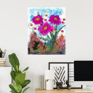 Abstract Pink Flowers Floral Botanical Painting Poster