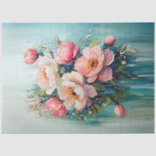 Abstract Pink Flowers Teal Background Decoupage Tissue Paper