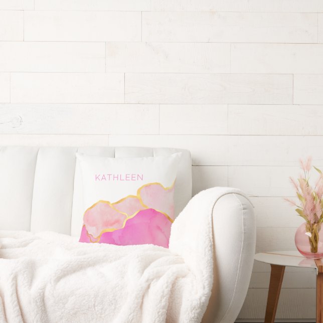 Abstract Pink Gold White Custom NAME Modern Art Throw Pillow (Couch)