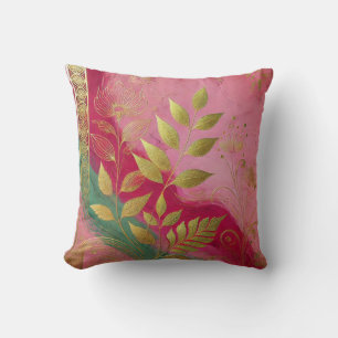 Abstract Pink-Golden Leaf Artwork Style 27 Throw Pillow