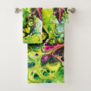 Abstract pink green, yellow marble tie dye pattern bath towel set