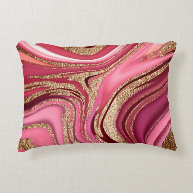 Abstract pink liquid marble with glitter gold accent pillow (Front)