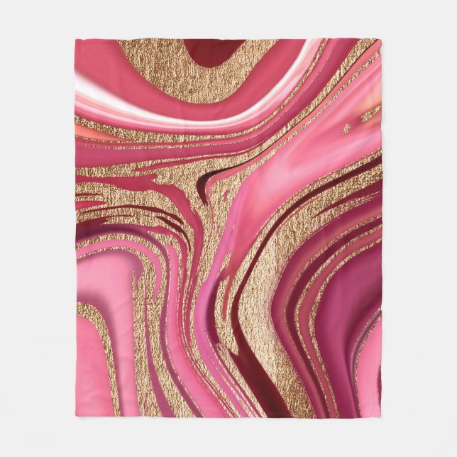 Abstract pink liquid marble with glitter gold fleece blanket (Front)