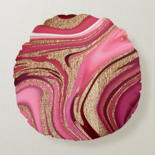 Abstract pink liquid marble with glitter gold round pillow