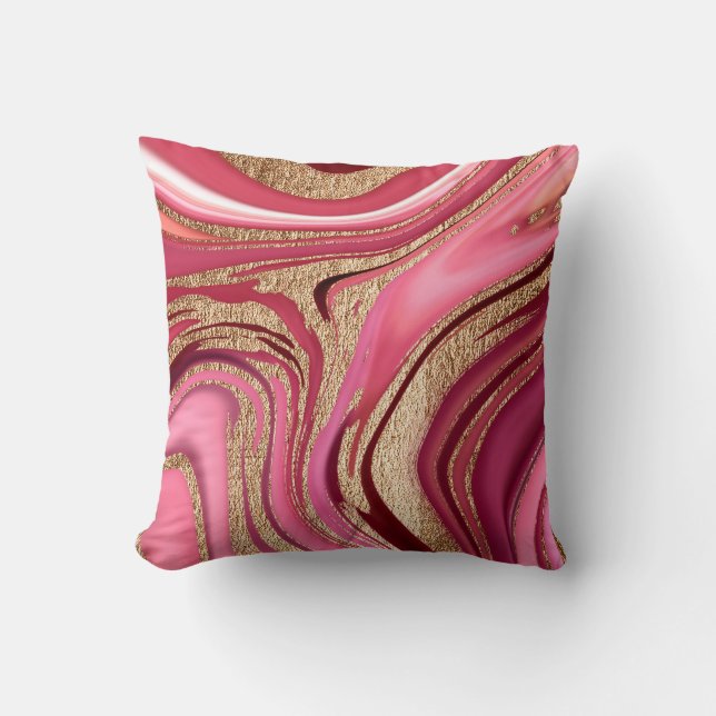 Abstract pink liquid marble with glitter gold throw pillow (Front)