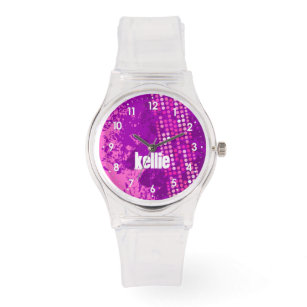 Abstract pink numbered name girls sports watch