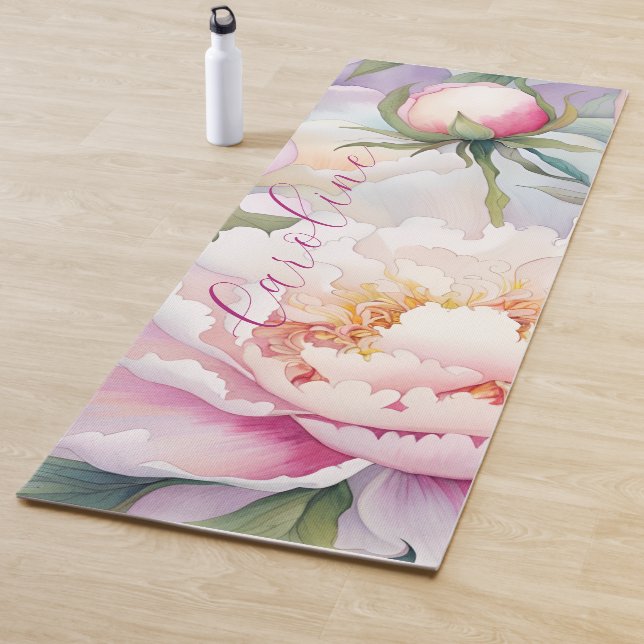 Abstract Pink Peony Floral Personalized Name Yoga Mat (In Situ)