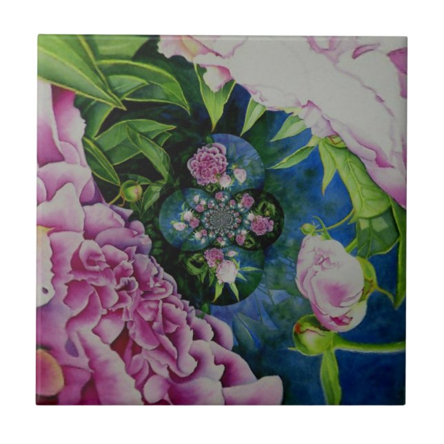 Abstract pink peony floral watercolor painting tile (Front)