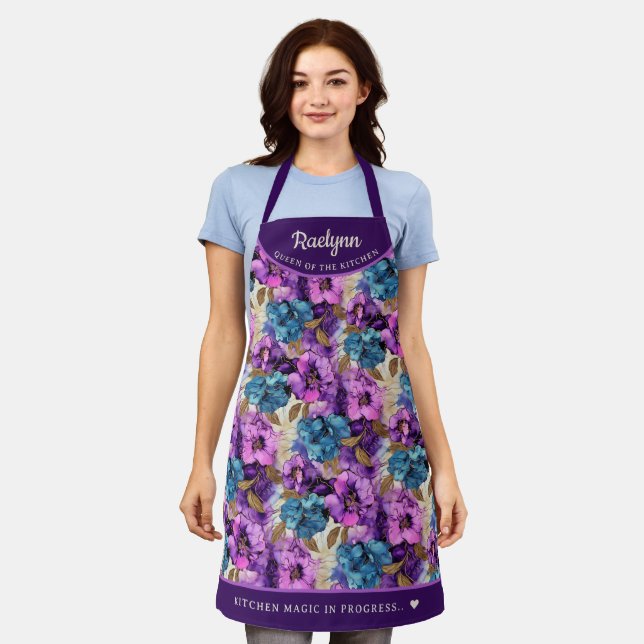 Abstract Pink Purple floral pretty personalized Apron (Worn)