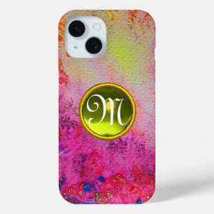 ABSTRACT PINK PURPLE FLORAL YELLOW GEM MONOGRAM  C iPhone 15 CASE