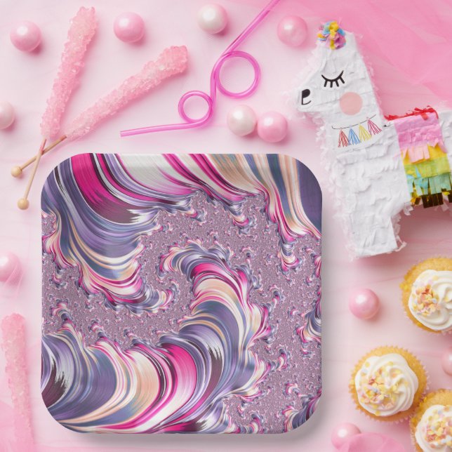 Abstract Pink Purple Spiral Fractal Paper Plate (Party)