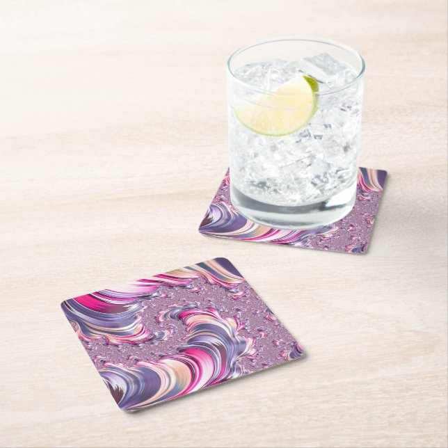 Abstract Pink Purple Spiral Fractal Square Paper Coaster (Insitu)