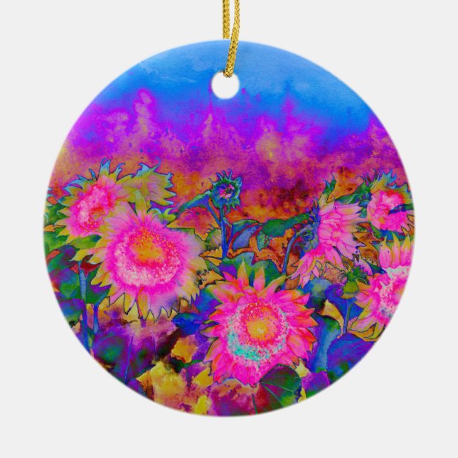 Abstract pink sunflower fields retro impressionist ceramic ornament (Front)