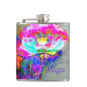 Abstract pink teal floral watercolor painting hip flask