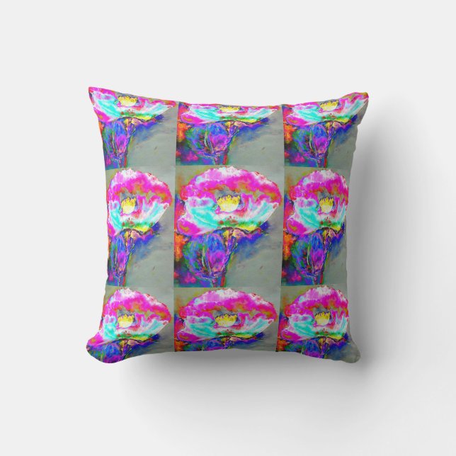 Abstract pink teal watercolor floral throw pillow (Front)