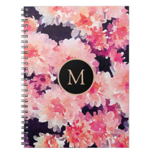 Abstract pink watercolor floral pattern monogram notebook